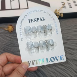 TENPAL Cat Eye Press on Nails 10Pcs Full Kit - Short Oval Icy Ocean Gradient False Nails, 3D Butterfly Rhinestone Spring Summer Fake Nails, Ethereal Glue on Nails for Girls Glitter Shimmer Design(S)