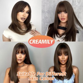 Creamily Dark Brown Wig with Bangs for Women Long Straight Layered Wigs Synthetic Hair Natural Wig for Women Girls Party Cosplay and Daily Use 20 Inches