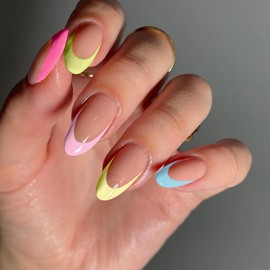 ANDGING Neon Almond Press on Nails Short Iridescent Fake Nails with Glue Fantasy Acrylic Glue on Nails with Designs Aesthetic Gel Manicure False Nail for Women Stick ons Nails for Girls Wedding HDLL8