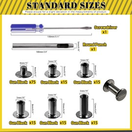 Mardatt 152Pcs 5 Sizes Chicago Screws with Punch and Screwdriver, M5 x 5/6/8/10/12MM Carbon Steel Chicago Rivets M5 Chicago Binding Screws Flat Head Leather Rivets for DIY Leather Repair(Gun Color)