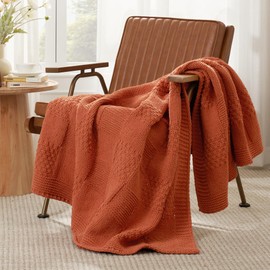 Amélie Home Checkered Throw Blanket Soft Cozy Burnt Orange Knit Throw Blanket Farmhouse Decorative Chenille Throw Blanket for Couch Bed Sofa Living Room, 50"x 60", Burnt Orange