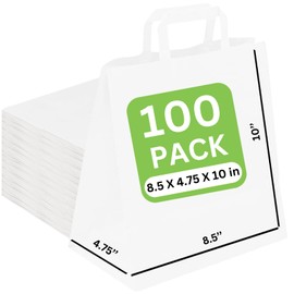 JET PAPER BAGS - 8.5”x4.75”x10” Inch [100 Pcs] Medium Gift Bags with Handles Bulk Prime Kraft Bags for Gifts, Grocery, Goody, Retail, Party, Weddings - Kraft Paper Gift Bags (White 100 PCS Count)