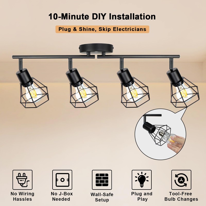 HiBay Plug in Track Lighting Fixtures Ceiling, Adjustable 4-Light Track