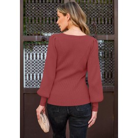 TECREW Women's Puff Sleeve Crew Neck Pullover Sweater Casual Cozy Knit Slim Jumper Tops, Mauve, Medium