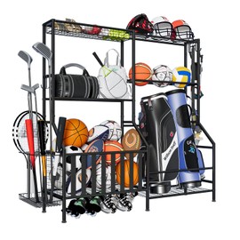 JIRTEMOT Sports Equipment Organizer, Heavy Duty Golf Bags Stand, Extra Large Ball Storage Rack for Garage, Sports Gear Storage with Basket and Hooks, Black