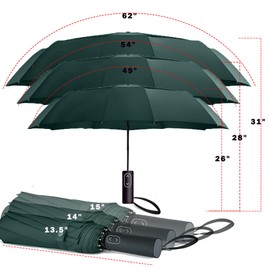 MRTLLOA 49/54/62 Inch Large Folding Golf Umbrella, Oversize Double Canopy Vented 10 Ribs Windproof Compact Travel Umbrellas for Rain(49 Inch, Green)