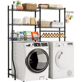 Golpart Over Washer and Dryer Shelves,Heavy Duty Laundry Room Storage Organization Clothes Drying Rack,5 Tier Adjustable Height Wire Shelving and Wire Basket with Hanger Rod&Hook,Space Saving Shelf