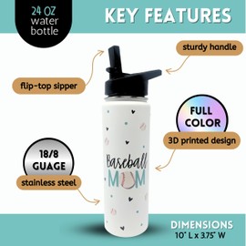 Brooke & Jess Designs Baseball Mom Tumbler Gifts - Large Insulated Water Bottle with Straw - Stainless Steel Metal 32 oz Travel Cup for Mom, Mama, Mother, Wife, Women | Keeps Hot and Cold for Hours