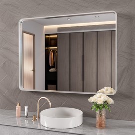 JISOSO Brushed Nickel Bathroom Mirror,40x36 Inch Thick Silver Metal Rectangle Frame Wall Mirror, Modern Round Corner Bathroom Vanity Mirror for Over Sink, Bedroom, Living Room, Entryway