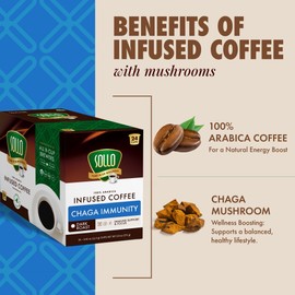 SOLLO Infused Mushroom Coffee K-Cups | Dark Roast Coffee with 100% Chaga Powder | Focus & Immune Support | Compatable with Keurig | 24 Count