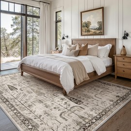 Bavni Area Rug, Floral Non Slip Rug for Living Room Dining Bedroom, Neutral Lightweight Low Pile Machine Washable Rugs, Thin Durable Farmhouse Vintage Tree Soft Wood 3x5 Rugs