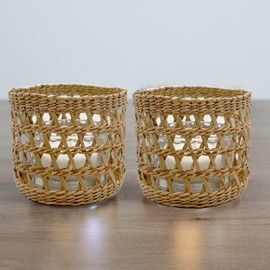 Natural Rattan Woven Tea Light Candle Holder, Decorative Rustic Vintage Seagrass Votive Candle Holders for Dining Table Kitchen Decor Serving Tray, Pack 2