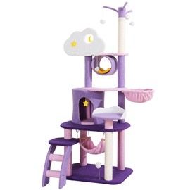 Cloud Cat Tree, 65 Inch Purple Cat Tree Cute for Indoor Cats, Pink Moon Cat Tree Tower with Scratching Post, Hammock and Condo, Large Tall Cat Tree for Kittens Cats