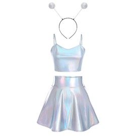 Alien Costume Women's Sexy Metallic Glitter Crop Top + Mini Skirts Headband Rave Outfit