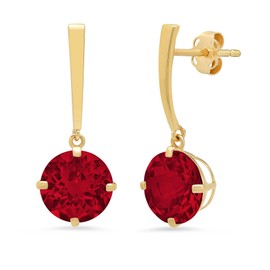 MAX + STONE 14k Yellow Gold Solitaire Created Red Ruby Round Drop Dangle Earrings for Women 8mm July Birthstone with Push Backs