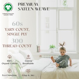 Carressa Linen 100% Organic Cotton Sheet Set King Size - 4 Piece Organic Sheets for King Bed, Soft, Crisp, Cooling Sateen Weave, Breathable Hotel Quality 16" Deep Pocket Bedsheet Set (White)