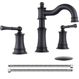 WINKEAR Roman Bathroom Sink Faucet 3 Holes Matte Black 2 Handle Widespread 8 inch Deck Mount Installation with Overflow Pop Up Drain Assembly and Water Supply Lines