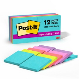 Post-it Super Sticky Notes, 12 Sticky Note Pads, 3 x 3 in., School Supplies, Office Products, 2X the Sticking Power, Supernova Neons Collection