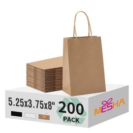 MESHA Gift Paper Bags 200 PACK 5.25x3.75x8'' Brown Small Shopping Kraft Bags Bulk with Handles Reusable for Business,Grocery,Birthday,Wedding,Kids Party,Favors