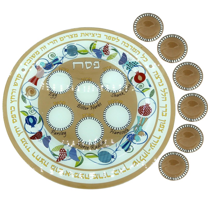 Unique Painted Glass Passover Seder Plate with Matching Matzah Serving
