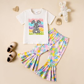 Tinypainter Girl Easter Outfit Short Sleeve Bunny T-Shir+Flared Bell Bottom Pants Easter Clothes White