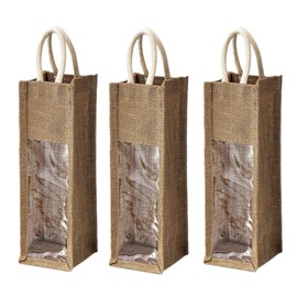 3 Packs Burlap Wine Bags, Wine Tote Bags with Window, Reusable Jute Wine Bag for Wedding Birthday Party Holiday Packaging