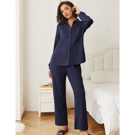 Ekouaer Womens Waffle Knit Pajamas Set 2 Pieces Loungewear Long Sleeve Button Down Matching Sleepwear Navy Blue, Large