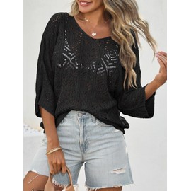 Saodimallsu Womens Crochet Cover Up Top Summer 3/4 Sleeve Off Shoulder Sweater Shirts Mesh Boho Beach Swimsuit Coverup Black