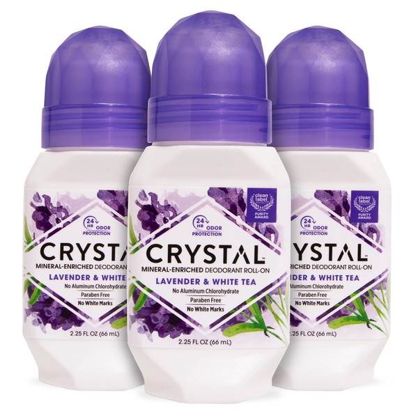 CRYSTAL Aluminum Free Mineral Deodorant Roll-On for Women & Men, Lavender & White Tea - Paraben Free - Certified Cruelty Free & Vegan Deodorant - Prevents Odor Up to 24 Hours ,2.25 Fl Oz (Pack of 3)