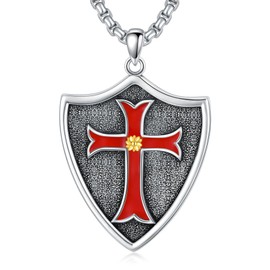 CEKAMA Knights Templar Cross Necklace for Men Joshua 1:9 Christian Medieval Knight Amulet 925 Sterling Silver Men's Verse Bible Armor of God Necklace Religious Jewelry Gifts for Men Women