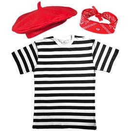 Mega_JumbleSale® Children Kids French Man Costume Kit ~ Stripes T-Shirt, Red Beret Hat & Red Neck Scarf - Frenchman Bastille Day Fancy Dress Outfit (7-8 Year)