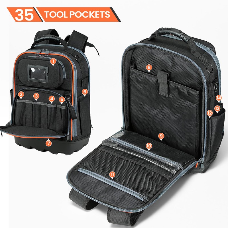 TUFFWORX Tool Backpack, 35 Pockets, 18.5 x 13.7 x 7.8