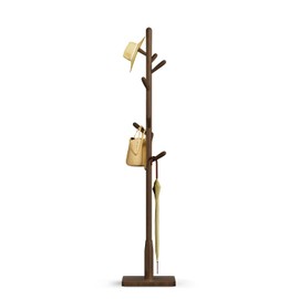 Solid Wood Square Base Coat Rack, Free Standing Hall Coat Tree with 8 Hooks（+2 spare) for Coats, Hats, Bags, Purses, for Entryway, Hallway, Rubberwood Hooks,Base and Pole,(Square Base, Dark Walnut)