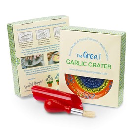 Garlic Grater Plate Set with Brush and Peeler. (#Ref 22). Handmade and Hand Painted in Cordoba, Spain. Orange with Blue and Yellow Rim, with Flowers.