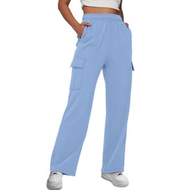 Trendy Queen Womens Cargo Sweatpants Wide Leg Baggy Fleece High Waisted Sweats Pants Winter Clothes with Pockets SkyBlue XL