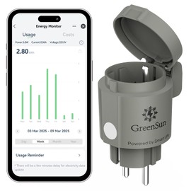 GreenSun Outdoor Socket - 16A Type E Socket WiFi Programmable Voice Control Compatible with Alexa and Google Home, Energy Meter, App Control Smart Life 2.4GHz IP44