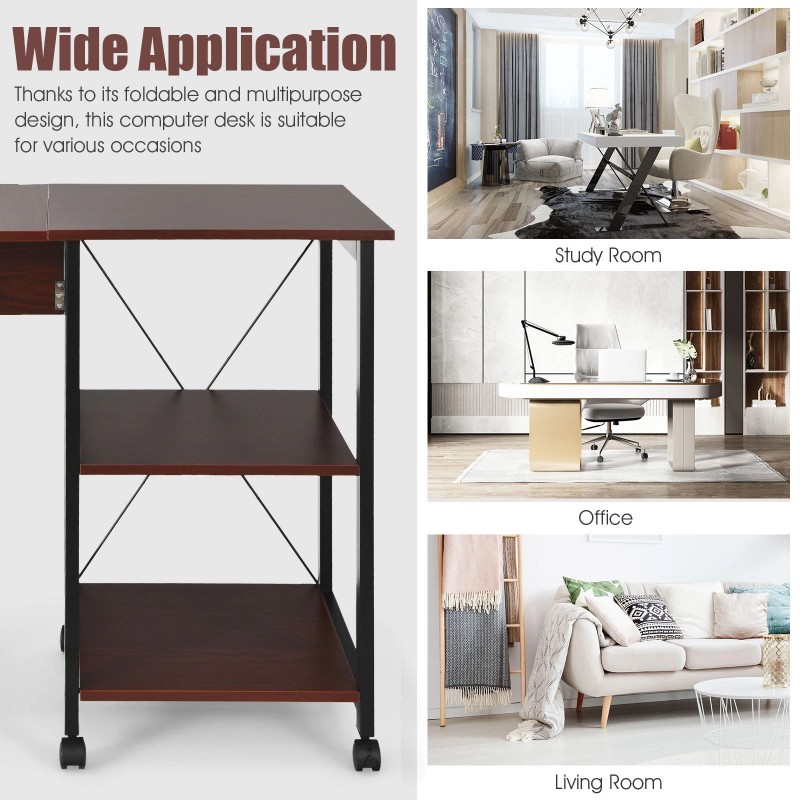 Costway Rolling Computer Desk Folding Writing Office Desk w/ Storage