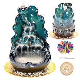 Zvaiuk Ceramic Backflow Incense Holder Waterfall Incense Burner with Upgrade Incense Cones Incense Fountain for Home Decor, Aromatherapy Accessories