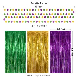Mardi Gras Backdrop Fat Tuesday Tinsel Foil Fringe Curtain Circle Dot Garland Green Gold Purple Party Decorations Birthday Bacherlorette Bridal Baby Shower Party Supplies