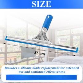 35 cm Professional Window Squeegee, Stainless Steel Window Wiper with Rubber Lip, Includes a Replacement for Showers, Bathrooms, Mirrors, Wiping Glass, Tiles, Window Cleaning, Shower Wiper, Blue