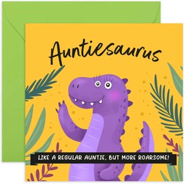 Old English Co. Dinosaur Auntiesaurus Happy Birthday Card - Fun Birthday Greeting Card for Auntie | Cute Auntiesaurus Card from Niece Nephew | Blank Inside & Envelope Included