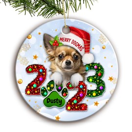Long Haired Chihuahua Dog Custom Ceramic Circle Christmas Ornaments - Cute Dog 2023 Xmas Ornaments - Christmas Tree Hanging - Tree Ornaments