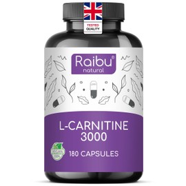 RAIBU L-Carnitine 3000-180 High-Strength Capsules with Vitamin C - L-Carnitine Tartrate 3000mg per Daily Dose - Energy & Metabolism Support - Vegan, Natural & Laboratory Tested - Raibu
