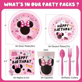 350PCS Pink Mouse Birthday Decorations for 50 Guests,Party Supplies Include Paper Plates,Cups,Napkins and Plastic Forks, Knives,Spoons