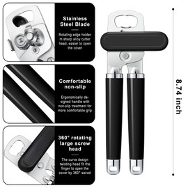 Urbanstrive XL Large Heavy Duty Can Opener Manual Smooth Edge, Hand Held Can Openers for Seniors, Stainless Steel, Comfortable Handle, Built-in Bottle Opener, 8.66 inch (Black)
