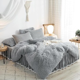 Juego de ropa de cama de franela de lujo de pelo lanudo y esponjoso de terciopelo (1 funda de edredón de piel sintética) Juego de ropa de cama esponjosa de 1 pieza, cierre de cremallera (Gris