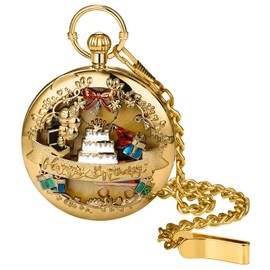 JewelryWe Father's Day Gift Pocket Watch Men's Retro Royal Flush / Compass / Flowers / Bell / Motorcycle Chain Watch Analogue Quartz Watch Pendant with Necklace Chain Bronze Gift for Men, gold,
