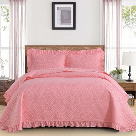 Pink King Size Quilt Set, 3 Pieces Ruffled King Quilt Bedding Set Bedspreads - Lightweight Bedspreads & Coverlets Bedding Cover All Season Use Bed Decor
