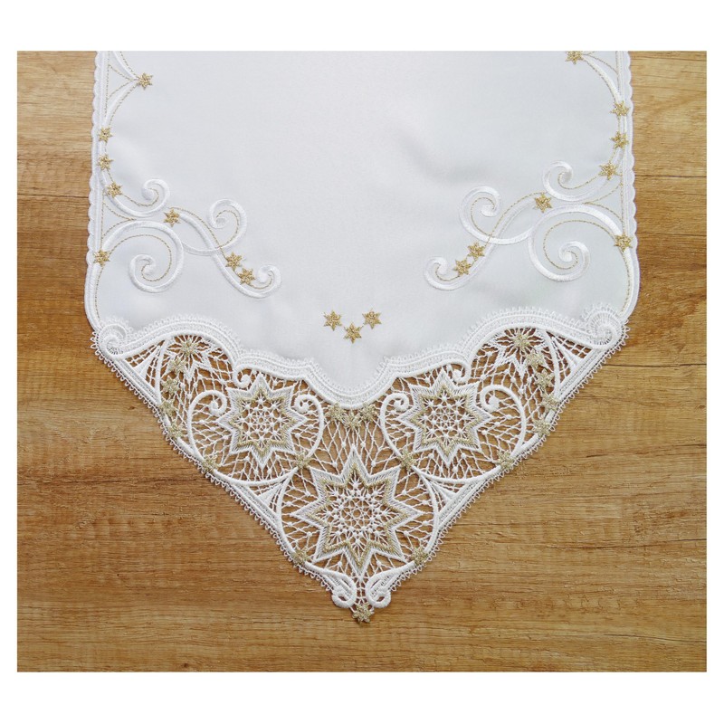 Festive Christmas Table Runner Sandy with Plauen Lace in White/Gold