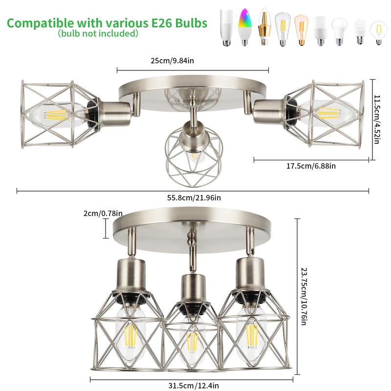 WILON Semi Flush Mount Ceiling Light 3-Light Brushed Nickel Close